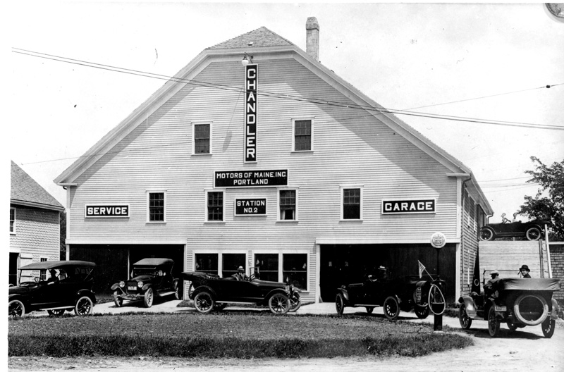 When cars replaced the horse and wagon, Chandler Motors of Maine, Inc took over the location of Royal Robertson Halls house and wagon stables. They stored cars on the second floor in the winter time when roads were not plowed. (Photo courtesy Calvin Dodge)