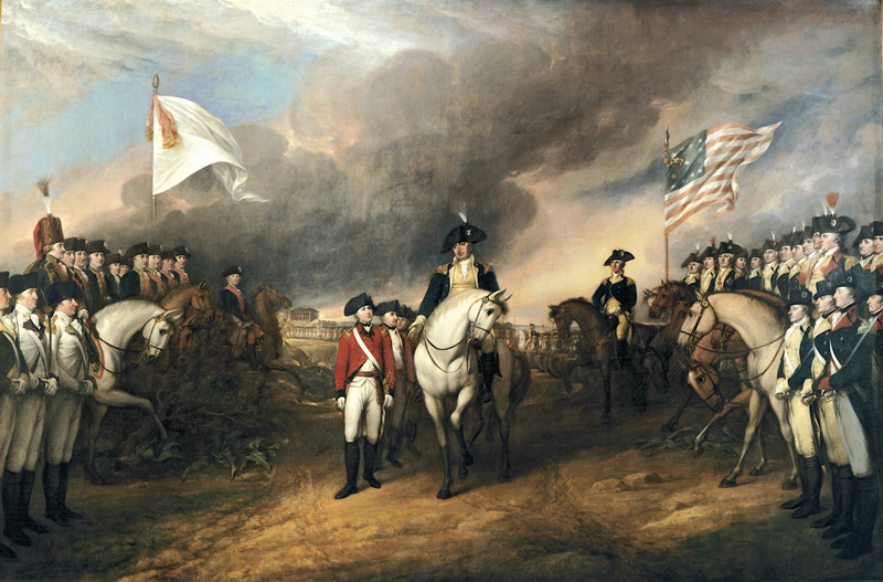 "The Surrender of Lord Cornwallis at Yorktown," by John Trumbull. Despite the paintings title, Cornwallis did not attend the surrender. In his place, the British were represented by General Charles OHara shown on foot in the center.  Incidentally, The American officer on horseback next to OHara is Benjamin Lincoln, not General Washington, who appears on the right of the painting. (Photo courtesy Yale University Art Gallery)