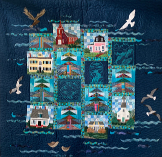The 2022 Damariscotta Mills Fish Ladder quilt designed, made, and donated by Betty-Lu Brydges. (Photo courtesy Damariscotta Mills Alewife Festival Committee)