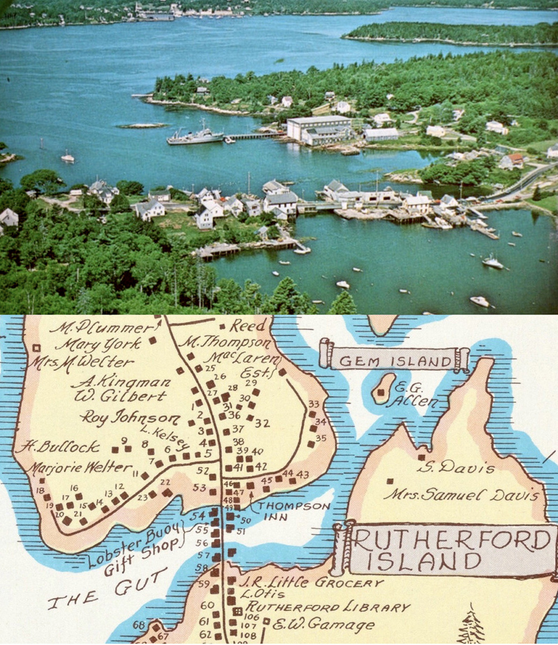 The Phillips brothers created pictorial Maine maps and photographic postcards in the mid 20th century. Their work will be the focus of a South Bristol Historical presentation the Union Church Parish Hall, Wednesday, Aug. 17 at 7 p.m. Shown top: Gus Phillips, aerial postcard, Maines Busiest Drawbridge, 1968. Bottom: Luther Phillips, A Map of South Bristol Maine, 1941. (Photo courtesy South Bristol Historical Society)