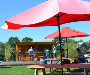 Customers enjoy a sunny day at Broad Arrow Farm's charcuterie bar, The Rooting Pig, at 33 Benner Road in Bristol. The bar offers a charcuterie boards featuring the farm's meat and Maine cheeses, as well as seasonal dishes, wine, and beer. (Maia Zewert photo)
