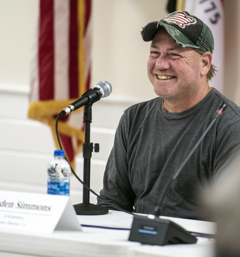 Abden Simmons, R-Waldoboro, candidate for Senate District 13, smiles after the audience applauds the participants in a candidate forum in Boothbay on Monday, Oct. 3. Senate District 13 consists of Lincoln County except Dresden, as well as Washington and Windsor. (Bisi Cameron Yee photo)