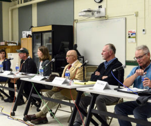From left: Cameron D. Reny, D-Bristol; Abden Simmons, R-Waldoboro; Rep. Lydia V. Crafts, D-Newcastle; Merle J. Parise II, R-Newcastle; Clinton E. Collamore Sr., D-Waldoboro; and Lynn J. Madison, R-Waldoboro; participate in a candidates forum in Damariscotta on Thursday, Oct. 13. (Bisi Cameron Yee photo)