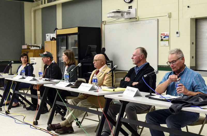 From left: Cameron D. Reny, D-Bristol; Abden Simmons, R-Waldoboro; Rep. Lydia V. Crafts, D-Newcastle; Merle J. Parise II, R-Newcastle; Clinton E. Collamore Sr., D-Waldoboro; and Lynn J. Madison, R-Waldoboro; participate in a candidates forum in Damariscotta on Thursday, Oct. 13. (Bisi Cameron Yee photo)