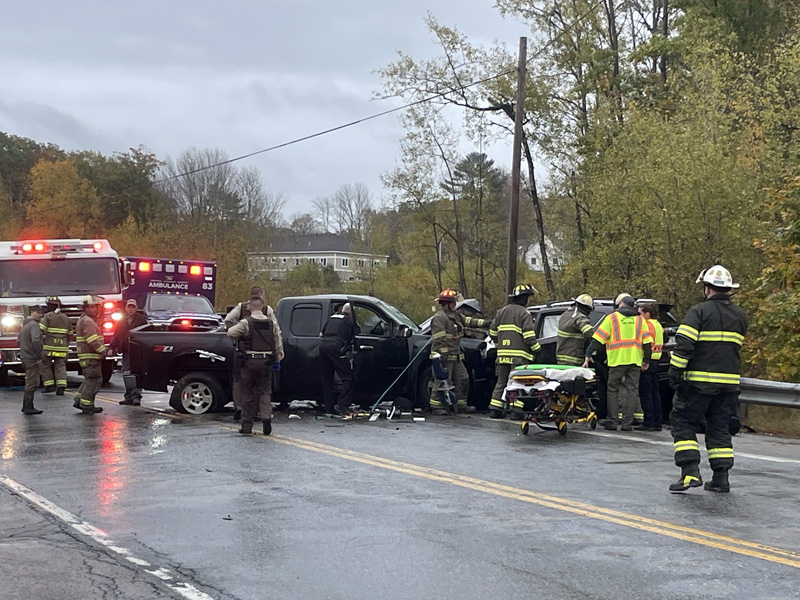 First responders work to free a victim of a head-on collision that closed U.S. Route 1 in Damariscotta for several hours Friday, Oct. 14. Damariscotta Police Chief Jason Warlick said the rapid response by Damariscotta and Newcastle fire departments and Central Lincoln County Ambulance Service to the scene may have saved lives. (Sherwood Olin photo)