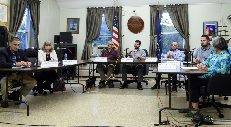 From left: Rep. Michael H. Lemelin, R-Chelsea, Jane L. Beckwith, D-Randolph, Leslie T. Fossel Jr., I-Alna, Evan C Goodkowsky, I-Wiscasset, Edward Polewarczyk, R-Wiscasset, Matthew R. Brackley, R-West Bath, and Sen. Eloise Adams Vitelli, D-Arrowsic, participate in a candidate forum in Wiscasset Thursday, Sept. 29. The public assembly was the first of four forums hosted by The Lincoln County News in advance of the November election. (Bisi Cameron Yee photo)