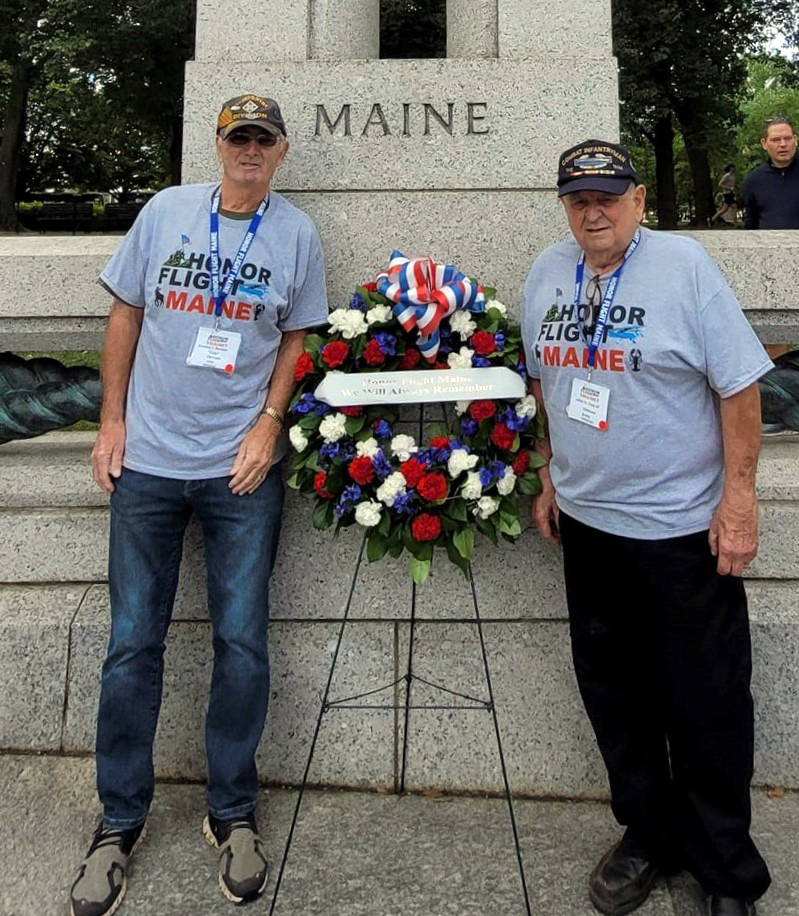 Vietnam veterans Stanley Benner (left) and Jack Frey visit the World War II Memorial in Washington, D.C. during the Honor Flight Maine tour last month. (Photo courtesy Stanley Benner)