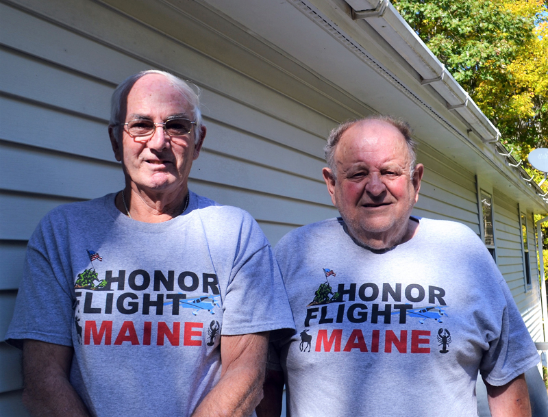 Lincoln County Vietnam Veterans Stanley Benner, left, and Jack Frey proudly wear their Honor Flight Maine shirts after returning from their trip to Washington, D.C. (Charlotte Boynton photo)