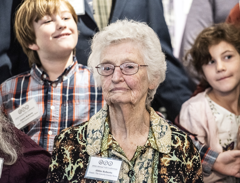 Abbie Roberts, former editor of The Lincoln County News, attends the Maine Press Association Hall of Fame induction ceremony in Bar Harbor on Saturday, Oct. 22. Roberts and her husband, the late Sam Roberts, were inducted in 2002. (Bisi Cameron Yee photo)