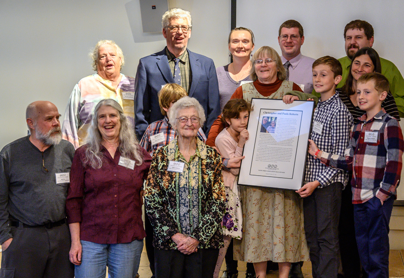 Four generations of the Roberts family celebrate the induction of Chris and Paula Roberts into the Maine Press Association Hall of Fame after a ceremony on Saturday, October 22nd.  Front row, from left: Buff Rix, Debbie Rix and Abbie Roberts.  Middle row, from left: James Roberts, Michaela Roberts, Paula Roberts, Matthew Roberts, Allison Roberts and Thomas Roberts.  Back row, from left: Bev Andrews, Chris Roberts, Kristen and John Roberts and Allan Roberts.  (Bisi Cameron Yee photo)