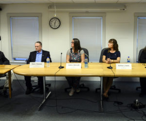 Left to right: Lincoln County Commissioner Bill Blodgett, D-Waldoboro, Henry Simmons, R-Nobleboro, Lindsey Harwath, I-China, Katrina J. Smith, R-Palermo, and Pamela J. Swift, D-Palermo participate in the third of four Lincoln County News candidate forums, in Waldoboro on Thursday, Oct. 6. Blodgett and Simmons are running for Lincoln County Commissioner, District 2, and Harwath, Smith and Swift are running for House District 62. (Bisi Cameron Yee photo)