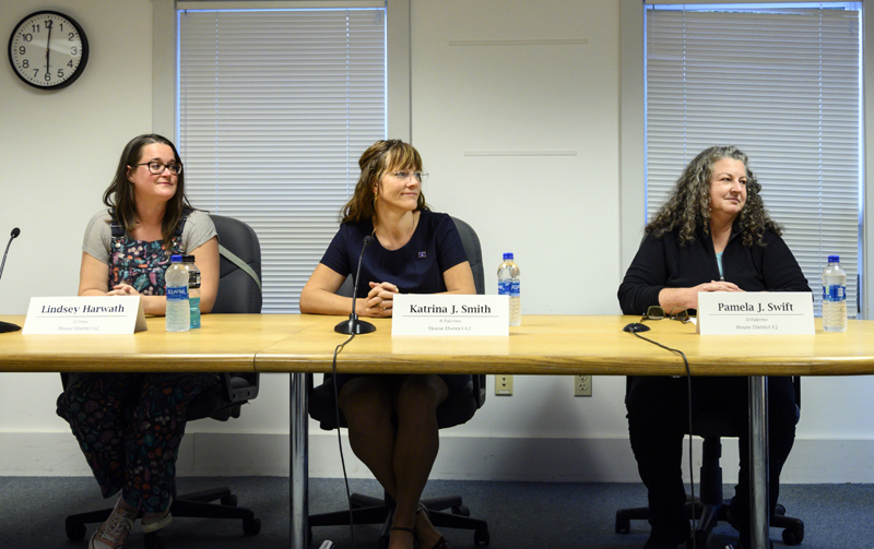 From left: House District 62 candidates Lindsey Harwath, I-China, Katrina J. Smith, R-Palermo, and Pamela J. Swift, D-Palermo, are introduced during the candidates forum in Waldoboro Thursday Oct. 6. House District 62 represents Hibberts Gore and Somerville in Lincoln County, as well as China, Palermo, and Windsor. (Bisi Cameron Yee photo)