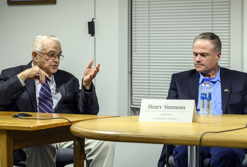 Bill Blodgett, D-Waldoboro, (left) and Henry Simmons, R-Nobleboro, participate in the candidates forum in Waldoboro Thursday, Oct. 6. The two are contesting the Lincoln County Commissioners District 2 seat, which represents Bremen, Bristol, Monhegan Plantation, Nobleboro, South Bristol, and Waldoboro. (Bisi Cameron Yee photo)