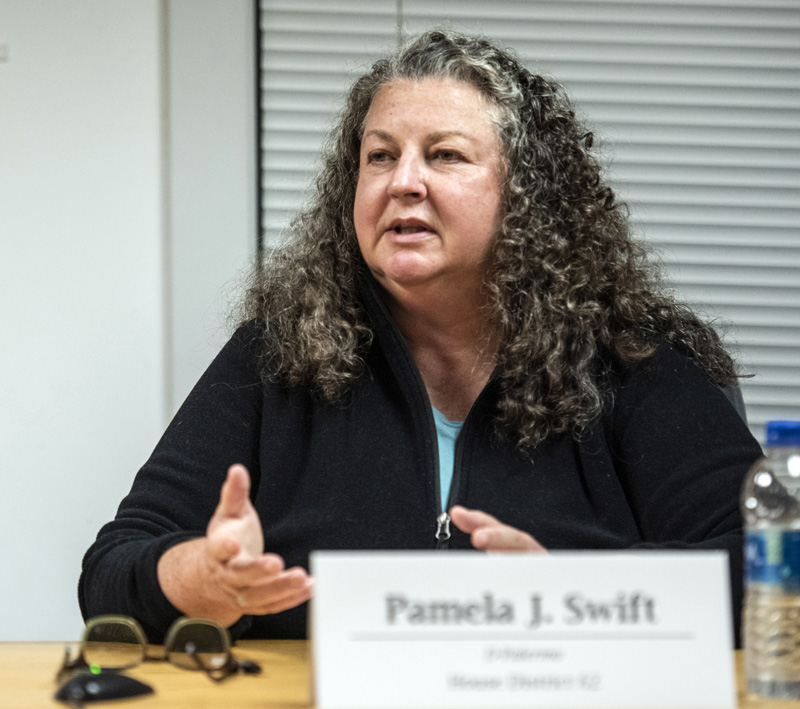 Pamela J. Swift, D-Palermo, shares her ideas on how the Legislature can address healthcare issues on a statewide level during The Lincoln County News candidates forum in Waldoboro Thursday, Oct. 6. (Bisi Cameron Yee photo)