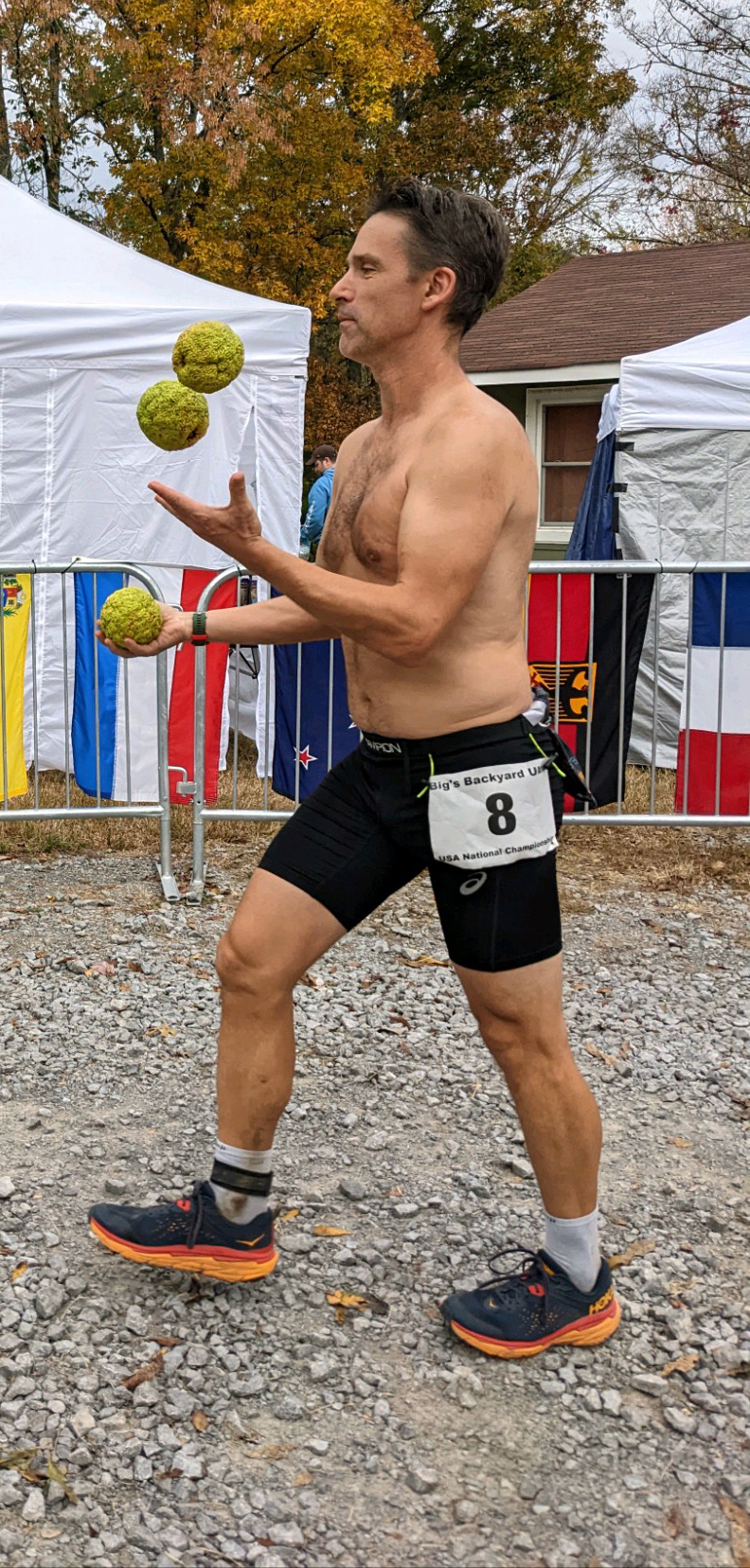 South Bristol School teacher Jason Bigonia juggles while competing for Team USA in the Big Dog's Backyard Ultra World Team Championship in Tennessee last weekend.  (Photo courtesy Erica Qualey)