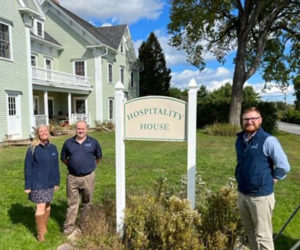 From left to right: Camden National Bank employees, Corey Belcher, Shawn Jacobs, and Sam Estes at the Hospitality House-Rockland. (Photo courtesy Camden National Bank)