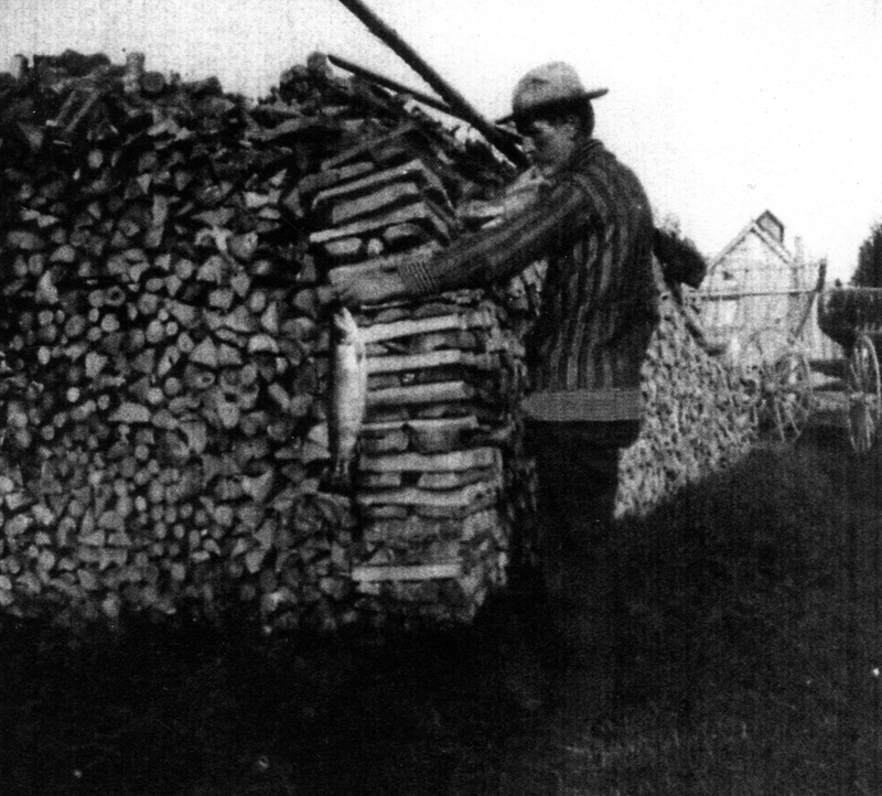 This is a great photo showing William J. Knowlton standing beside the large, long row of split stove wood and the trout he had caught just that morning. The photo was taken at the Stand Pipe Farm by his daughter Martha. Note the wagon and large barn in the background. (Photo courtesy Calvin Dodge)