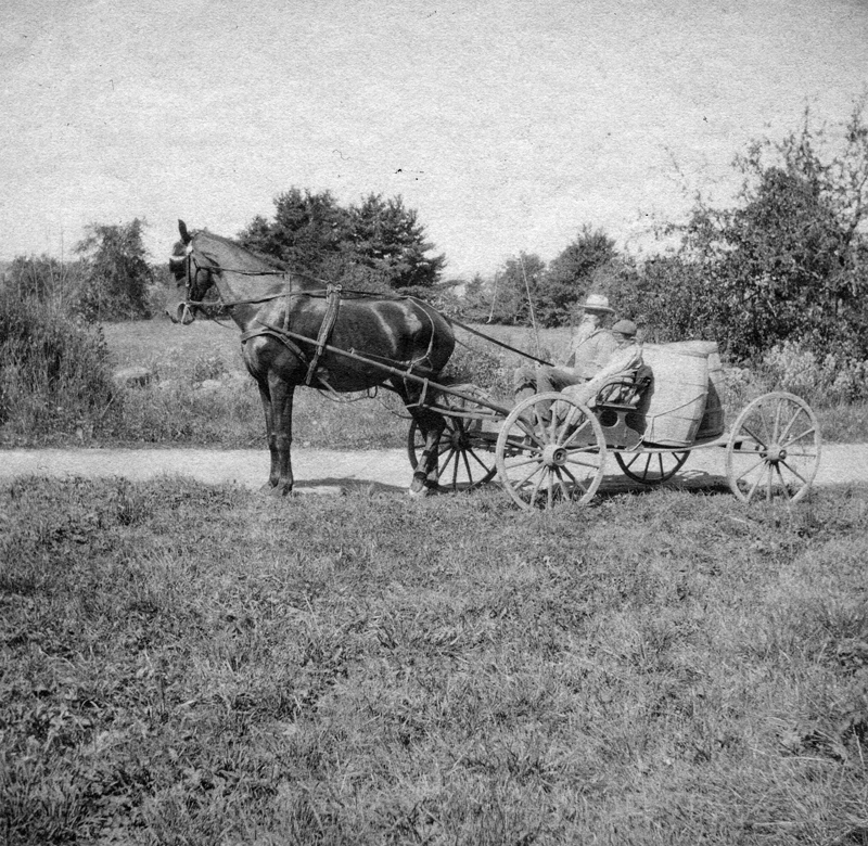 William J. Knowlton and Richard Hopkins on a wagon with his black horse at Stand Pipe Farm. Photo taken by Knowlton's daughter Martha Knowlton Hopkins. (Photo courtesy Calvin Dodge)
