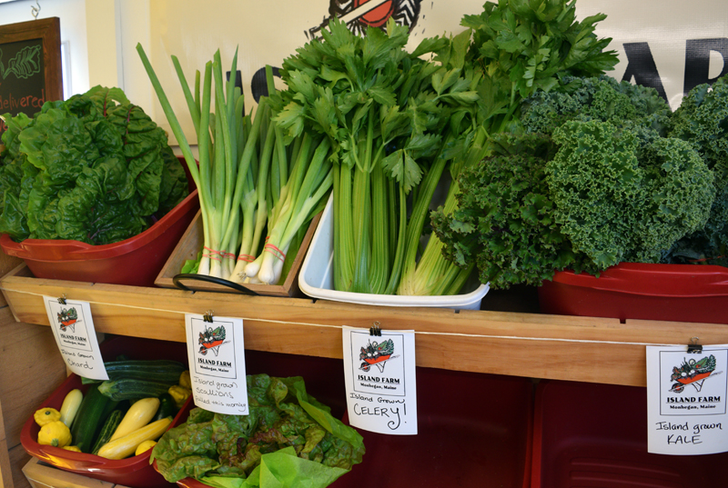 Fresh produce from the Island Farm is displayed in the Monhegan Store on Monhegan Island on Friday, July 22. The Island Farm has numerous plots aorund the island and delivers to the store three times per week. (Evan Houk photo)