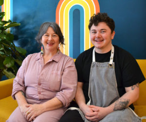 Lynn Bachelder, owner of Perch Cafe and Bakery, sits with her son, Eli, in the cafe on Friday, Nov. 4. Bachelder opened the cafe at 11 Friendship Road in Waldoboro in August. (Maia Zewert photo)