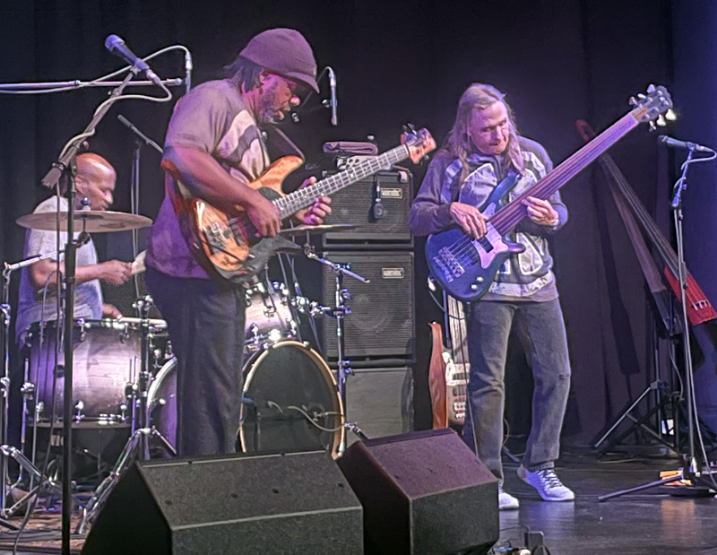 From left: Derico Watson, Victor Wooten, and Steve Bailey perform as Bass Extremes at The Waldo Theatre on Thursday, Nov. 10. (Sherwood Olin photo)