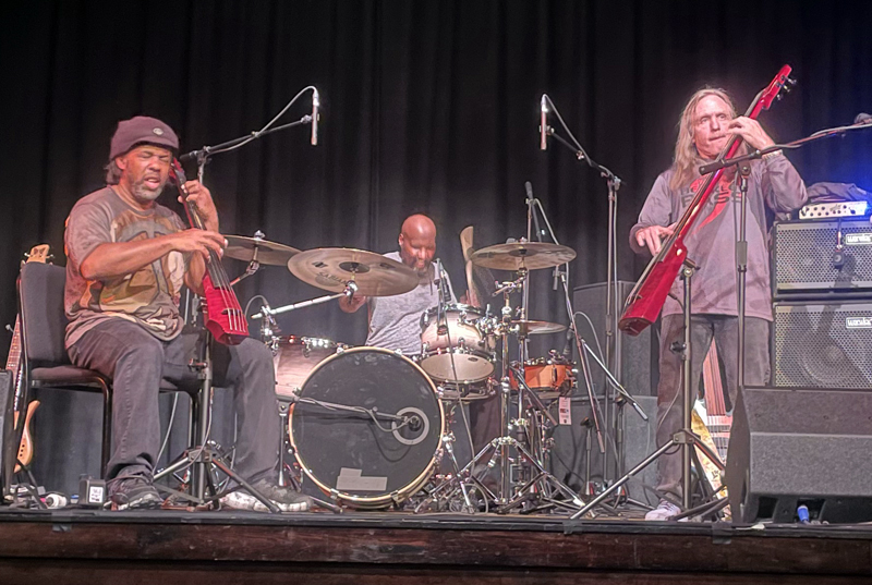 Victor Wooten (left) and Steve Bailey, along with drummer Derico Watson, closed the Bass Extremes show at The Waldo Theatre on Thursday, Nov. 10 with an encore using an electric cello and electric upright bass produced by Nobleboro-based NS Design. (Sherwood Olin photo)