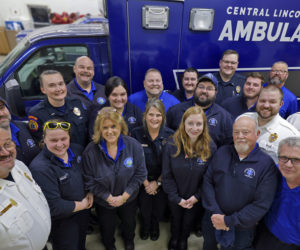 The Central Lincoln County Ambulance Service staff. Front row, from left: Mark Doe, SueAnn Shiffer, Leah Puckey, Cheryl Tomasello, Emily Wells, John Gallagher, and Danny Evarts. Back row, from left: Matt Wade, Kristen Roberts, Rob Bickford, Ryann Trask, Bruce Howes, Jerrad Dinsmore, Dan Averill, Curtis Bramhall, Kobe Lincoln, Nick Bryant, Bob MacDonald, and James Bodman-Munoz. (Photo courtesy Scott Shott)