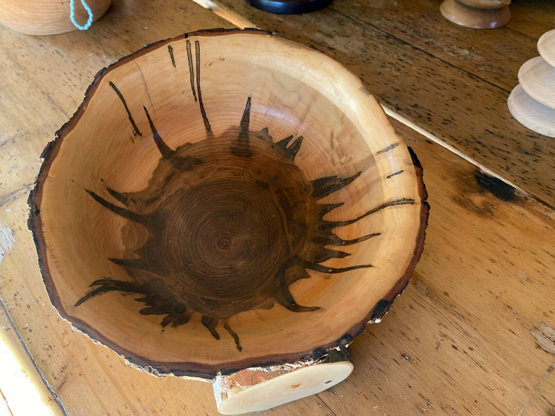 Find hand-turned bowls by Alna artist Dick Picard at the Wiscasset Holiday Marketfest Gift Shop, a pop-up business in the Nickels-Sortwell House barn on Federal Street, Dec. 2Â–4. The bowl shown in the photo is maple with a live edge. The coloration is a result of Ambrosia beetles. (Photo courtesy Sheepscot Turnings)