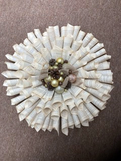 Dahlia wreath made from recycled books. (Photo courtesy Rutherford Library)