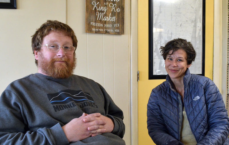 Owen and Amity Libby, new owners of the King Ro Market, sit in the dining space of the Round Pond general store on Wednesday, Nov. 23. The couple is still offering Friday night dinners and hopes to begin hosting them in the dining space again soon. (Evan Houk photo)