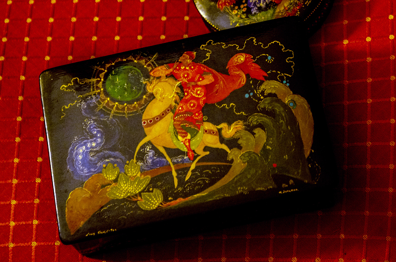 A box depicting a Russian folk tale is among the mementos Betsy Noyes collected during her travels. Noyes learned the language from Russian emigres in China and was one of only three in her class at Middlebury College in Vermont to earn a degree in the language. (Bisi Cameron Yee photo)