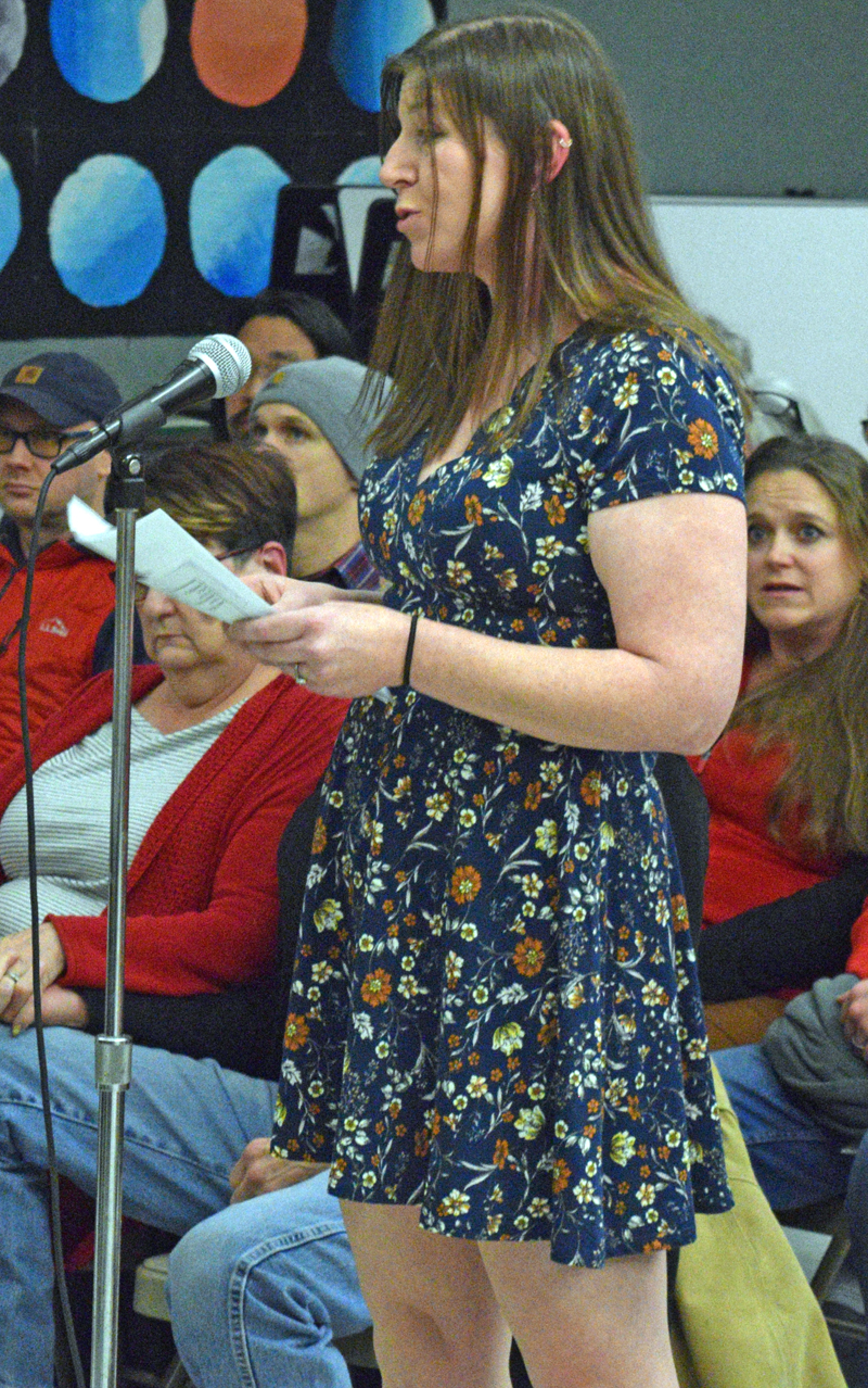 Amber Lavigne, a Newcastle parent of a student at Great Salt Bay Community School in Damariscotta, gives an emotional description of how she found a chest binder in her 13-year-old childs bedroom that she says was given to her by a school social worker. (Evan Houk photo)
