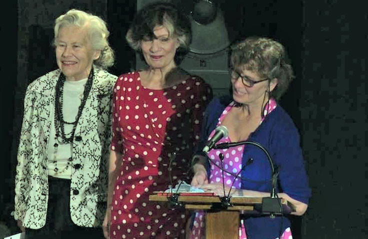 The three Carols from Nobleboro, founders of the senior performing group Hearts Ever Young, address the crowd during the group's second year of shows and first slate of shows at the Lincoln Theater in May 2011. From left: The late Carol Schell, Carol Cirigliano, and Carol Teel. (Photo courtesy Carol Teel)