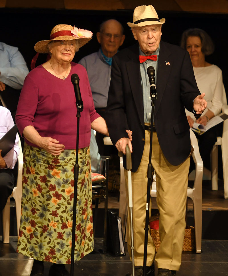 Val and Bob Gorill sing the comical duet, "I Remember It Well," during one of Hearts Ever Young's 10th anniversary performances, "A Decade of Razzle Dazzle," at the Lincoln Theater in May 2019. The shows typically consisted of about 40 "more senior" members of the community performing song, dance, and comedy routines, often to a packed house. (Photo courtesy Carol Teel)