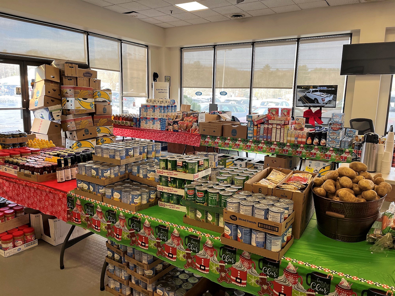 The showroom at Wiscasset Ford transformed into a food pantry over the weekend. (Photo courtesy Healthy Lincoln County)