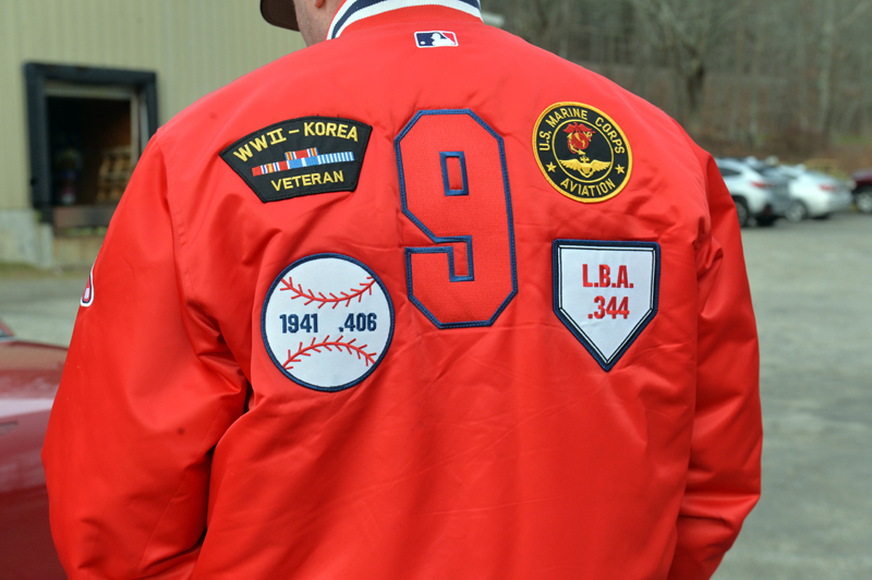 Bud Elwin had this jacket made to commemorate Ted Williams career, both in the military and as a Boston Red Sox player. It commemorates Williams' career in the Navy during WWII and Korea, in the Marines as an aviator, his 1941 .406 batting average, and his lifetime batting average of .344. (Paula Roberts photo)