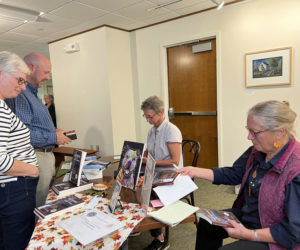 Laurie Apgar Chandler and Claire Ackroyd visit with readers at Presque Isles Mark and Emily Turner Memorial Library. The authors will sign copies of their books at Shermans in Boothbay Harbor on Saturday, Dec 10 from 1 to 3 p.m. (Photo courtesy Laurie A. Chandler)