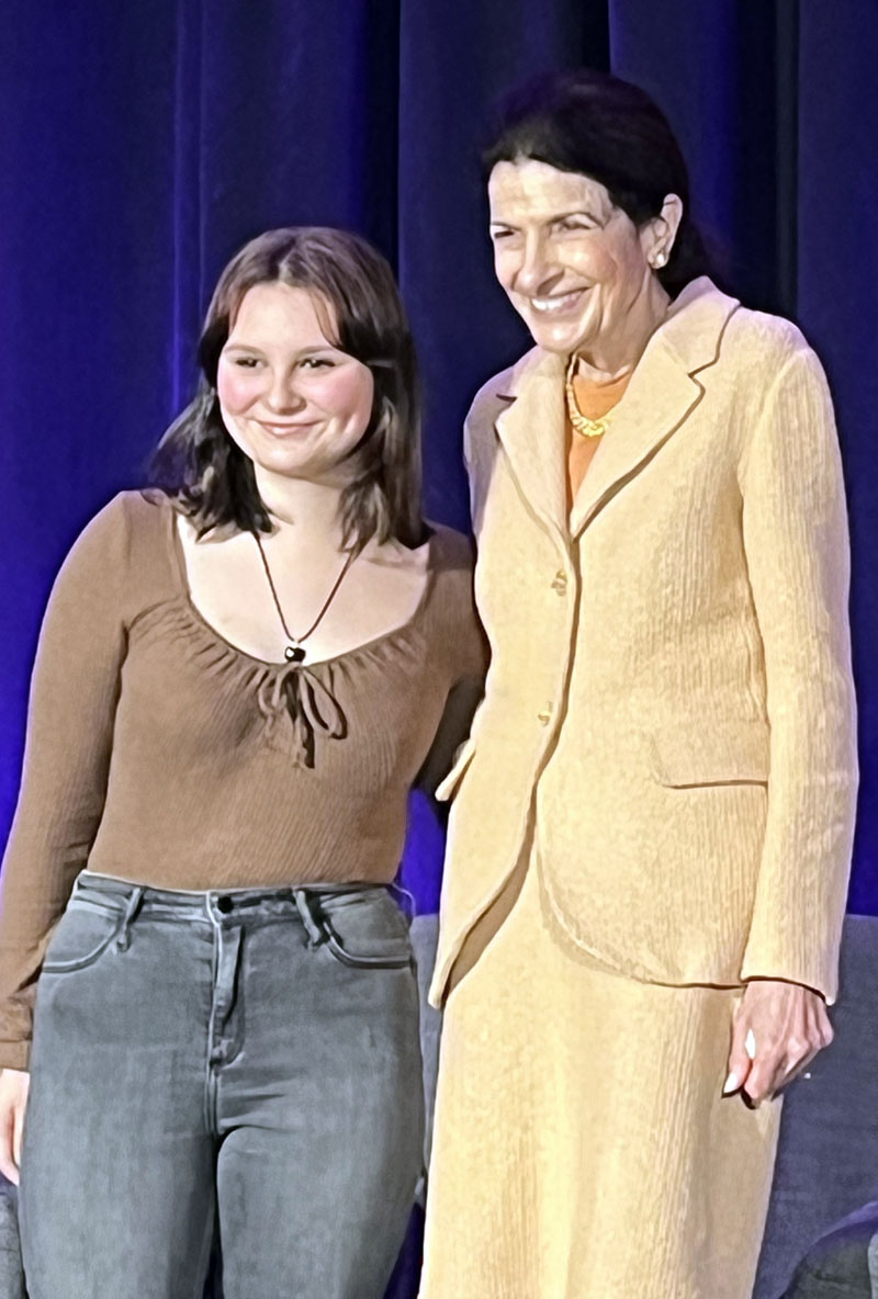 Lincoln Academy junior Leah Gemeinhardt poses with former Maine Senator Olympia Snowe at the Olympia Snowe Women's Leadership Institute luncheon in Portland on Nov. 2022. (Photo courtesy Lincoln Academy)