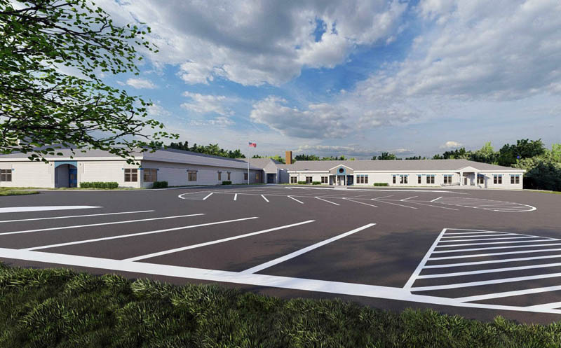 A rendering of the Bristol Consolidated School shows a new entrance to a cafeteria and multi-use community space on the right side of the building, the northeastern corner, following a planned $6.4 million-plus addition and renovation project. If approved at annual town meeting in March, construction is expected to finish by winter 2024. (Image courtesy AOS 93)