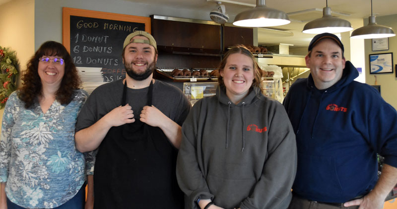 The Abruzese family, of Warren, stands in front of the counter at Old Time Donuts at 748 Main St. in Damariscotta. The family took over the business in July. From left: Candice, Jaden, Ashley, and Mark Abruzese. (Elizabeth Walztoni photo)