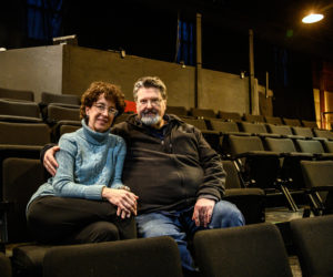 Joy and Griff Braley sit in the seats at the Parker B. Poe Theater in Newcastle on Dec. 21. The couple has described Heartwood Regional Theater Co., which they founded 20 years ago, as a "mom-and-pop" operation. (Bisi Cameron Yee photo)