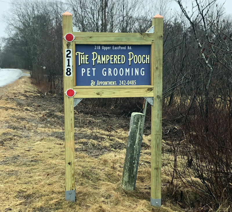 The sign for The Pampered Pooch, a new pet-grooming business at 218 Upper East Pond Road in Nobleboro. Owner Crystal Wynn, who has 25 years of experience, said pet grooming is her true passion and she saw a need for it in Nobleboro. (Elizabeth Walztoni photo)