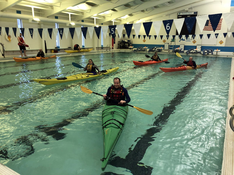 From left: Tai Grosjean, Claire Sommer, Bob Barkalow, Rick Taylor, and Don Celler practice their paddling skills at the Boothbay Region YMCA on Saturday, Jan. 14. (Photo courtesy Matt Lutkus)