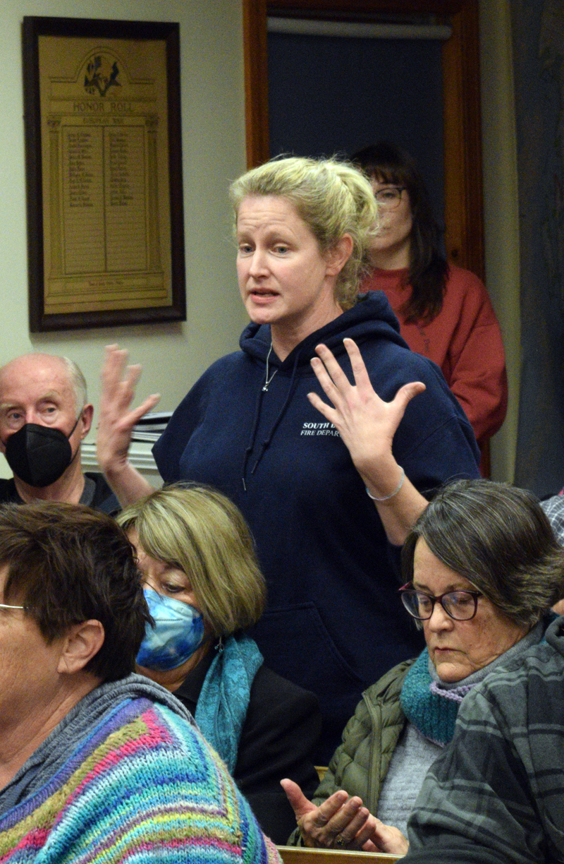 Tenley Seiders calls for unity to lift up the town in the wake of residents' concerns over issues in the town office during the South Bristol Select Board meeting on Thursday, Jan. 26. "We can do better," Seiders said. (Evan Houk photo)