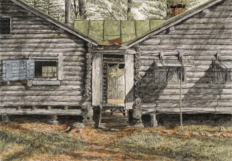 Somerville artist Nathan Allard's painting "Breezeway," the subject of an award-winning short documentary by the same name, was completed in five days using charcoal from the cabin's wood, among other materials in the scene. Allard, who paints in egg tempera, uses all natural materials in his portrayals of the Maine landscape. (Photo courtesy Nathan Allard)