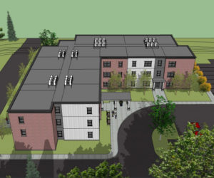 Draft designs for a new 36-unit affordable senior housing development by Volunteers of America on the former A.D. Gray school site in Waldoboro feature a flat roof to hide heat pumps for each unit and keep options open for solar panel use. Architect Robert Foster said the flat roof also saves height on the three-story building. (Courtesy photo)