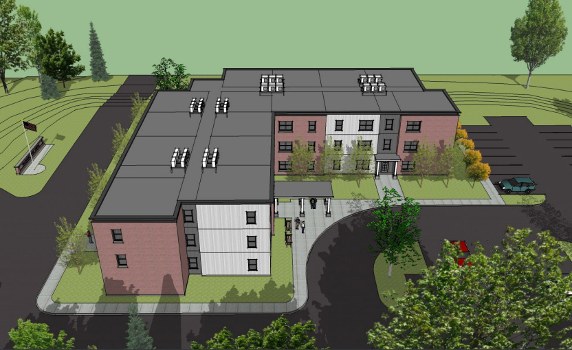 Draft designs for a new 36-unit affordable senior housing development by Volunteers of America on the former A.D. Gray school site in Waldoboro feature a flat roof to hide heat pumps for each unit and keep options open for solar panel use. Architect Robert Foster said the flat roof also saves height on the three-story building. (Courtesy photo)