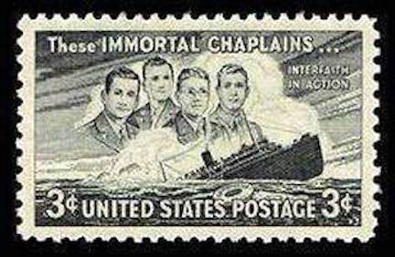 A special postage stamp issued in 1948 commemorates the sacrifice of the four Immortal Chaplains. (Photo courtesy Don Loprieno)