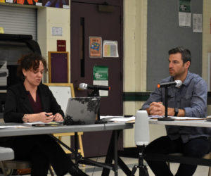 Great Salt Bay School Committee member August Avantaggio listens to AOS 93 Superintendent Lynsey Johnston at the committee's April 12 meeting as she reads a statement responding to a lawsuit filed against school officials. Johnston, who is one of the defendants, said defendants were confident former GSB parent Amber Lavigne would not win her case. (Elizabeth Walztoni photo)