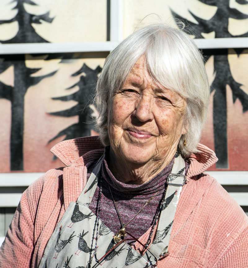 Marnie Sinclair poses for a photo outside her studio in Damariscotta on Monday, April 10. The artist is creating a sculpture of an endangered right whale using plastic waste. The sculpture will be donated to the New Bedford Whaling Museum in Massachusetts once it is complete. (Bisi Cameron Yee photo)